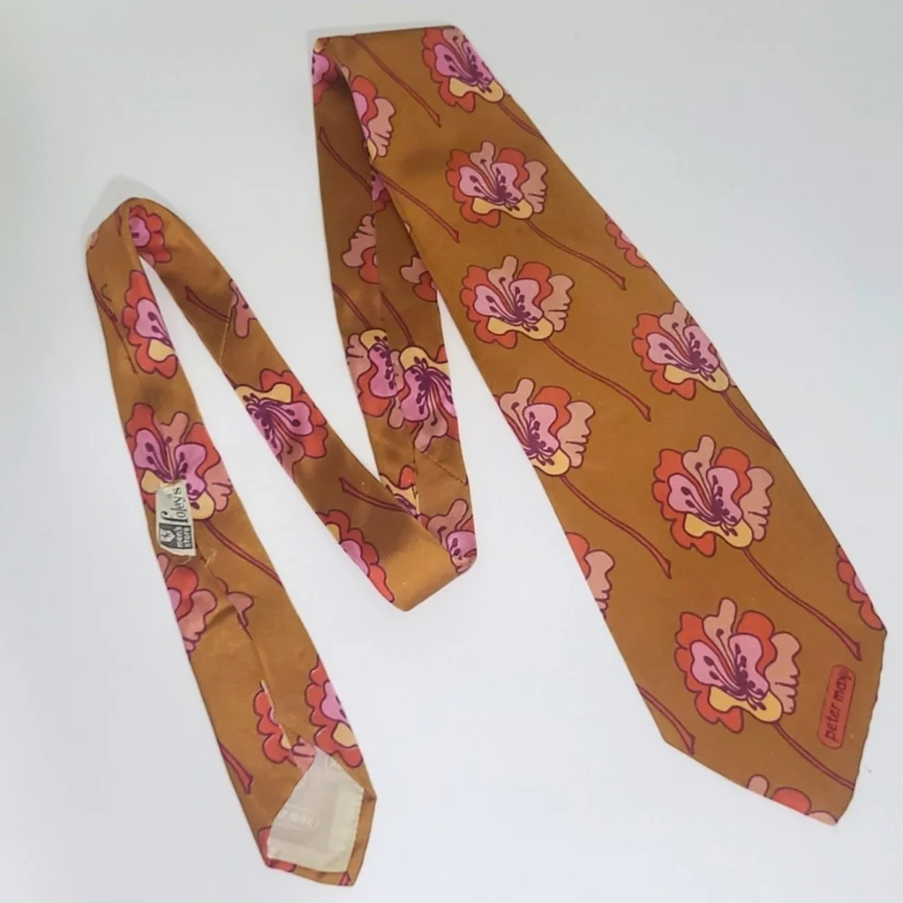 Peter Max Silk Tie Signed Pop Art Bronze Orange Pink Hibiscus Floral Print Retro - Picture 1 of 8